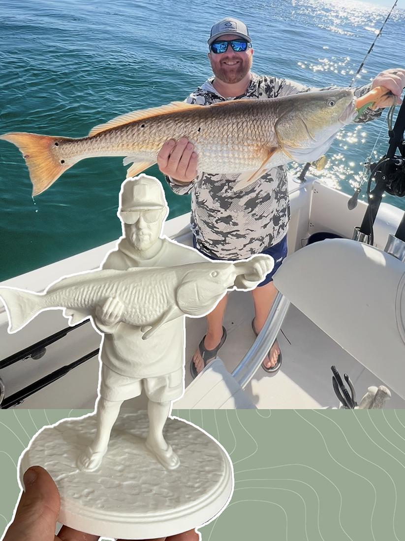 A photo of a man holding a large fish. There is a photo beside it of a replica mini scene of him holding the fish to be used for display on a desk or shelf.