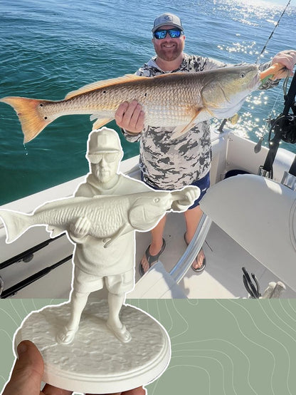 A photo of a man holding a large fish. There is a photo beside it of a replica mini scene of him holding the fish to be used for display on a desk or shelf.