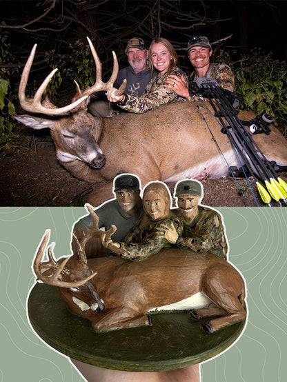 The first image is a photo of a group of people with a deer. The second image is a mini handpainted replica of the first image. 
