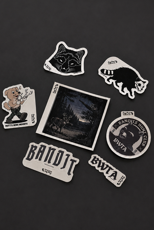 A set of Raccoon Rigssticker collectibles arranged on a dark background, featuring various designs.